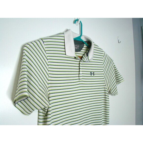 Under Armour Mens Golf Polo Shirt Athletic Medium Green Blue Striped Heat Gear - Picture 3 of 12